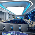 High Tech Conference Room With Large Digital Screens Modern Table Chairs And LED Lighting