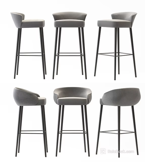Modern Gray Upholstered Bar Stools With Black Metal Legs And Backrest Design 3d model 