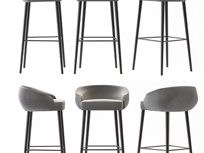 Modern Gray Upholstered Bar Stools With Black Metal Legs And Backrest Design 3d model