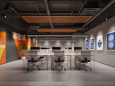 Modern Public Office Area Interior Featuring Open Layout Desks Ergonomic Chairs And Orange Ceiling Decor 3d model