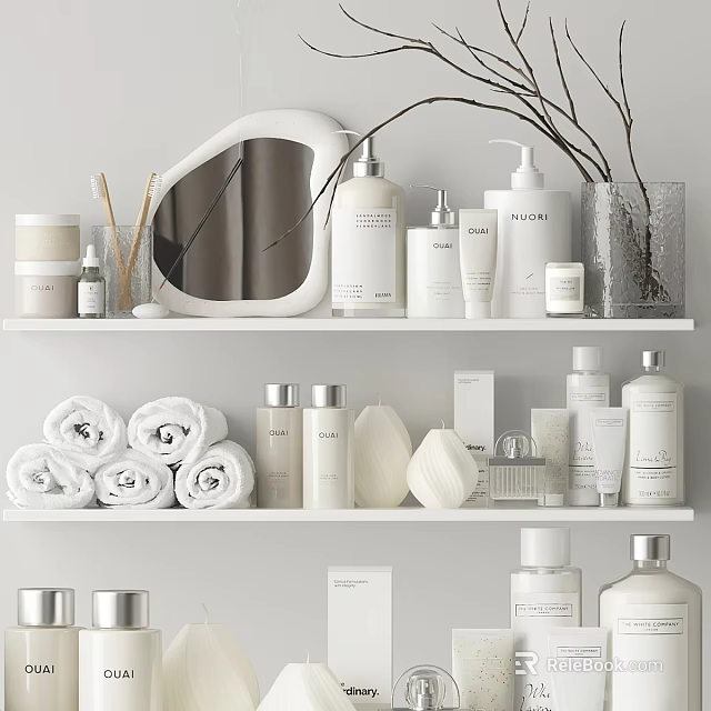 White Bathroom Shelves With Toiletries Bottles Rolled Towels And Decor 3d model 