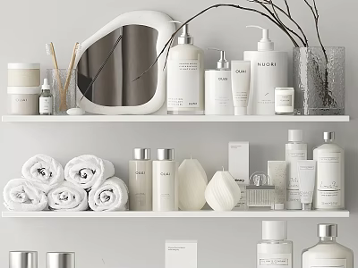 White Bathroom Shelves With Toiletries Bottles Rolled Towels And Decor 3d model