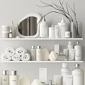 White Bathroom Shelves With Toiletries Bottles Rolled Towels And Decor