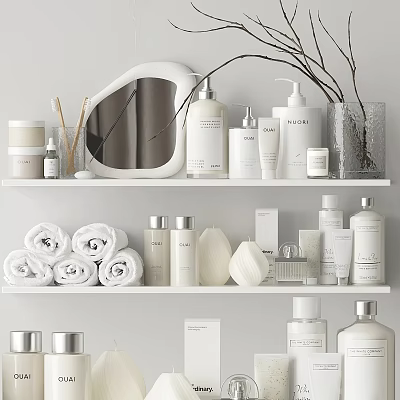 White Bathroom Shelves With Toiletries Bottles Rolled Towels And Decor 3d model