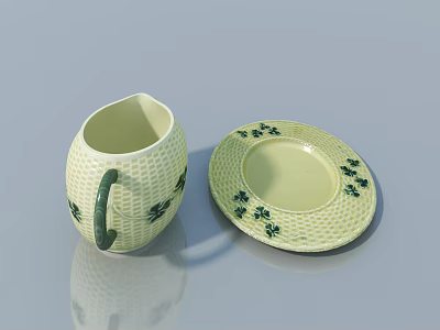Cream Colored Woven Texture Tableware Set With Green Clover Pattern Pitcher And Plate 3d model