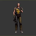 Bald Man Wearing Black Vest With Yellow Pattern Brown Pants Black Gloves Holding Gun Gesturing