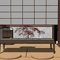 Traditional Japanese Tea Room Interior With Tatami Mats Wooden Table And Floor Cushions
