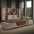 Modern Luxury Office Desk With Wooden Desktop White Chair LED Bookshelf Large Window And Greenery