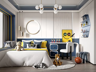 Cheerful Kids Room With Bed Stuffed Toys Desk Chair Round Mirror Artwork And Pendant Lights 3d model