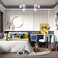Cheerful Kids Room With Bed Stuffed Toys Desk Chair Round Mirror Artwork And Pendant Lights