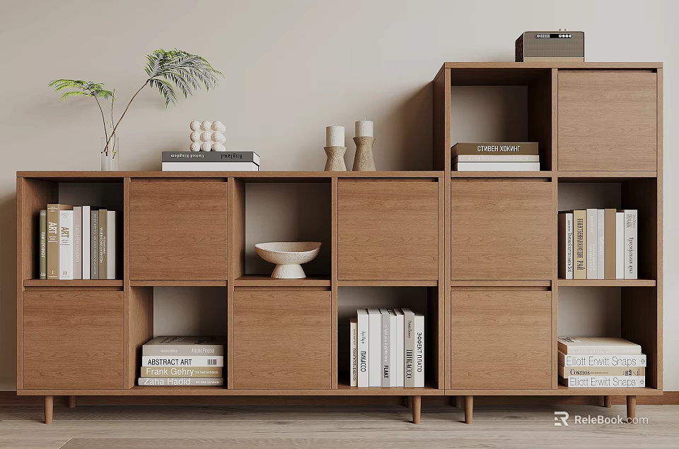 Stylish Modern Wooden Bookshelf with Multiple Compartments Books Decorative Bowls and Potted Plant 3d model 