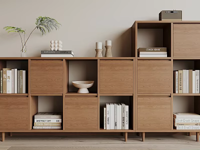 Stylish Modern Wooden Bookshelf with Multiple Compartments Books Decorative Bowls and Potted Plant 3d model