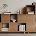 Stylish Modern Wooden Bookshelf with Multiple Compartments Books Decorative Bowls and Potted Plant