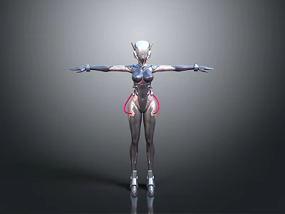 Cybernetic Game And Movie Character With Silver Metallic Body Red Glowing Lines And Outstretched Arms 3d model