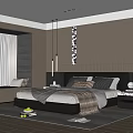 Modern Bedroom Interior Featuring Bed With Black Headboard Nightstands Lamps Window White Curtains Wall Art