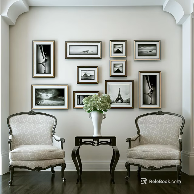 Leisure Sofa Set Featuring Beige Patterned Armchairs Side Table Vase Greenery and Wall Art Frames 3d model