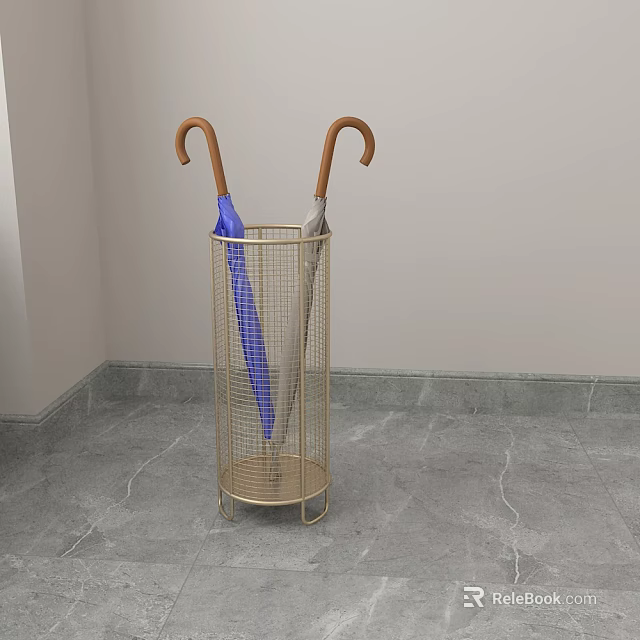 Golden Metal Mesh Umbrella Stand in Indoor Corner with Two Umbrellas and Wooden Handles 3d model 