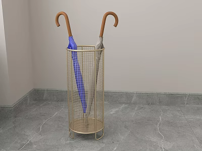 Golden Metal Mesh Umbrella Stand in Indoor Corner with Two Umbrellas and Wooden Handles 3d model