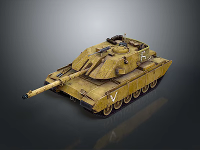 Vintage Military Tank with Weathered Yellow Exterior Turret Gun Barrel and Tracks Side View 3d model