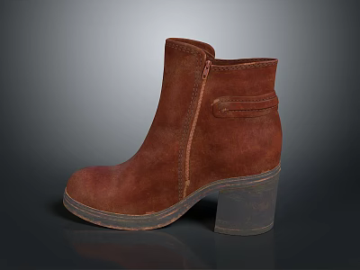 Brown Leather Ankle Boots With Side Zipper Block Heel And Distressed Sole 3d model