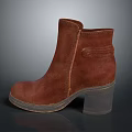 Brown Leather Ankle Boots With Side Zipper Block Heel And Distressed Sole 3d model