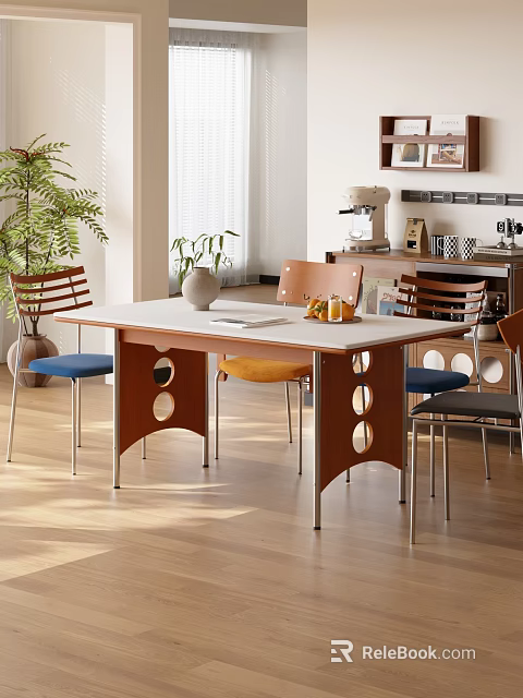 Bright Restaurant Interior With White Top Dining Table Wooden Legs And Colorful Cushioned Chairs 3d model 