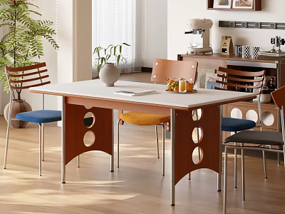 Bright Restaurant Interior With White Top Dining Table Wooden Legs And Colorful Cushioned Chairs 3d model