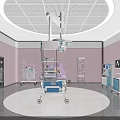 Modern Medical Treatment Room Interior With Pink Walls Wheeled Bed And Equipment
