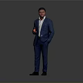 Man in Gray Suit Holding Red Object Standing Against Gray Background