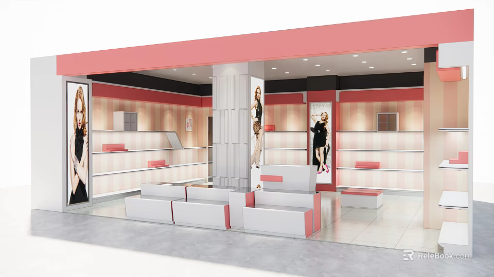 Modern Clothing Boutique With Pink And White Interior Shelves Mannequins Seating And Fashion Posters 3d model 