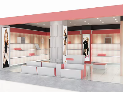 Modern Clothing Boutique With Pink And White Interior Shelves Mannequins Seating And Fashion Posters 3d model