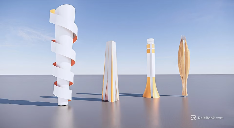 Modern Observation Deck Design With Multiple Spiral White And Orange Sculptural Structures 3d model 