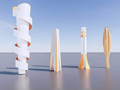 Modern Observation Deck Design With Multiple Spiral White And Orange Sculptural Structures 3d model