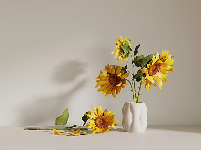 White Vase with Blooming Sunflowers and Green Leaves on Indoor Tabletop 3d model
