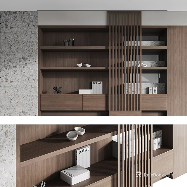 Modern Wooden Bookcase With Open Shelves Vertical Slats Decorative Bowls And Books 3d model 