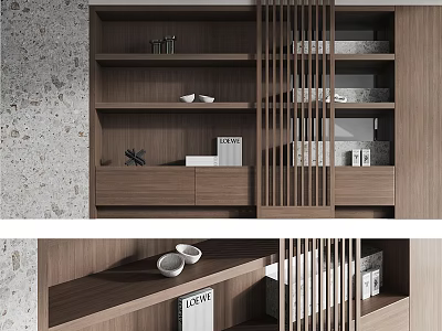 Modern Wooden Bookcase With Open Shelves Vertical Slats Decorative Bowls And Books 3d model