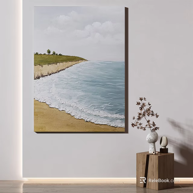 Seascape Wall Art With Beach Waves Grass Trees And Decorative Cabinet 3d model