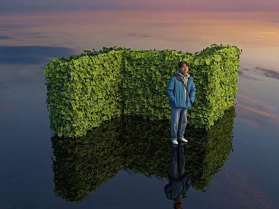 Green Leafy Hedge Structure With Man Standing Near Water Reflection At Sunset 3d model