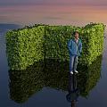 Green Leafy Hedge Structure With Man Standing Near Water Reflection At Sunset