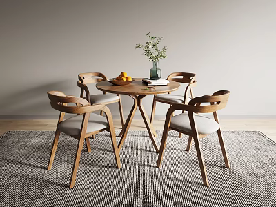 Modern Wooden Round Table and Chair Set with Gray Cushions for Indoor Dining Room 3d model