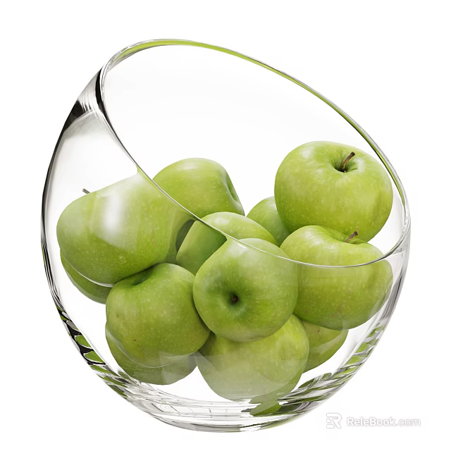 Ceramic Fruit Bowl Filled With Fresh Green Apples For Kitchen Tabletop Decor 3d model