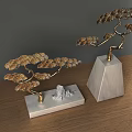Ornamental Decor Set of Golden Metal Pine Trees with Marble Base and Stone Decoration