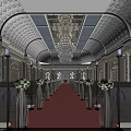 Opulent Corridor With Red Carpet Chandelier And Decorative Ceiling Columns Green Plants