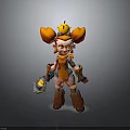 Playful Fantasy Cartoon Character With Orange Horns Crown Orange Outfit Holding Tool
