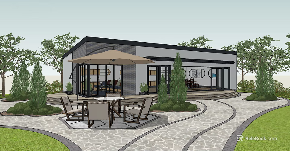 Modern Detached Villa With Outdoor Dining Set Umbrella Courtyard And Stone Path 3d model 