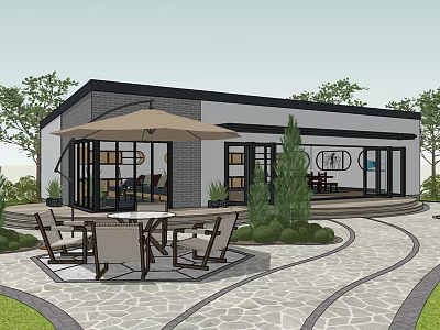 Modern Detached Villa With Outdoor Dining Set Umbrella Courtyard And Stone Path 3d model