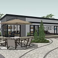 Modern Detached Villa With Outdoor Dining Set Umbrella Courtyard And Stone Path