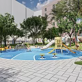 Colorful Children's Playground With Slides Play Structures Blue Flooring Green Lawn And Trees