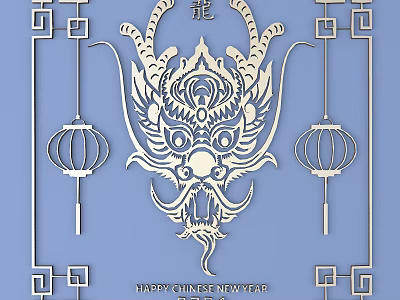 Intricate Dragon Carving with Lanterns and Chinese Borders on Blue Background for Chinese New Year 3d model