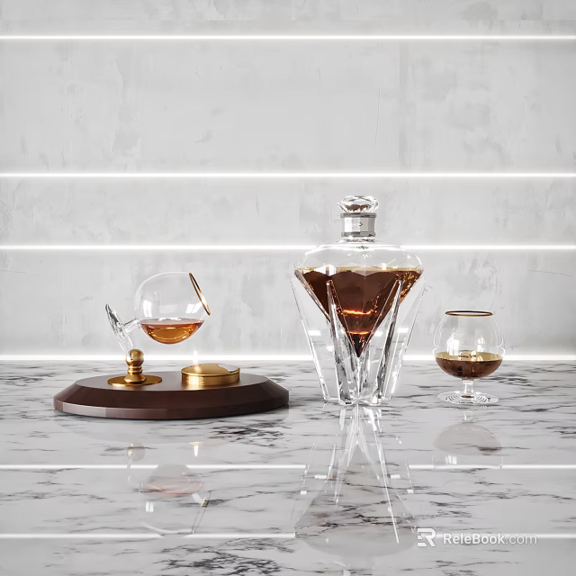 Elegant Crystal Decanter And Wine Glass With Gold Accents On Marble Countertop Gray Wall Lighting 3d model 
